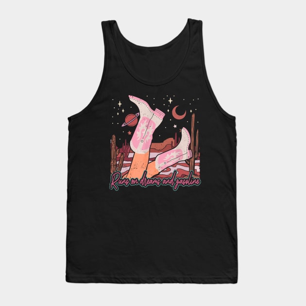 Runs On Dreams And Gasoline Desert Mountains Cactus Boot Tank Top by Beetle Golf